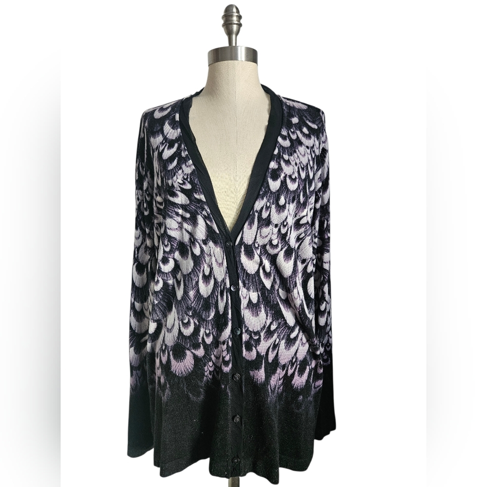 CHICO'S Purple Feather Pattern V-Neck Cardigan | SZ 2/10
